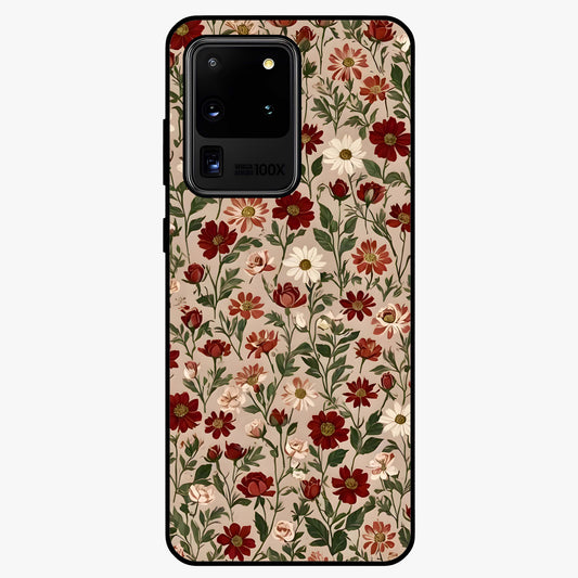 Biege Flower With Leaf Glass Case showing flat back view with soft beige floral artwork and glossy glass finish.