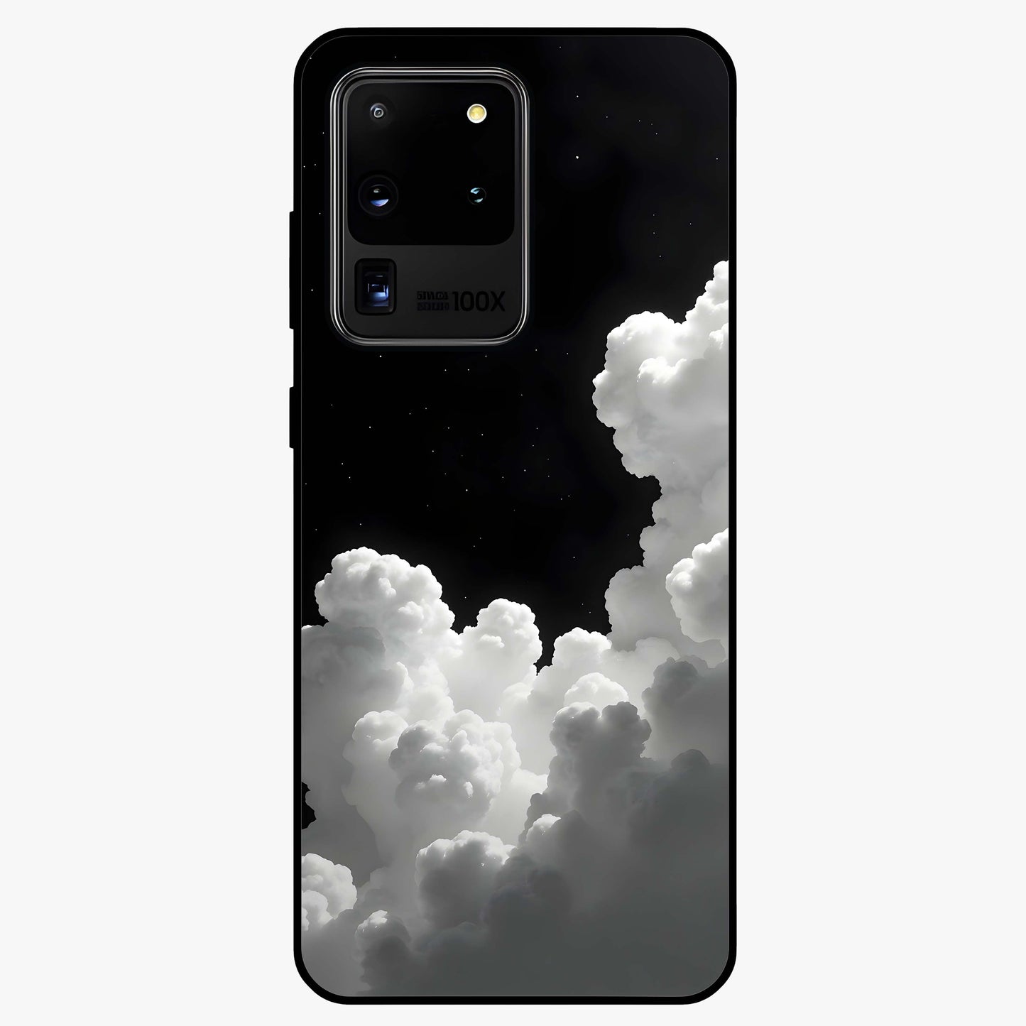 Black Background With White Cloud Glass Case showing flat back view with minimal cloud artwork on dark background and glossy glass finish.
