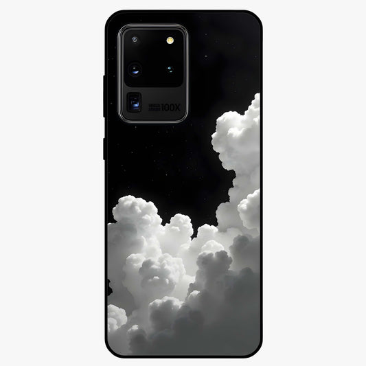 Black Background With White Cloud Glass Case showing flat back view with minimal cloud artwork on dark background and glossy glass finish.