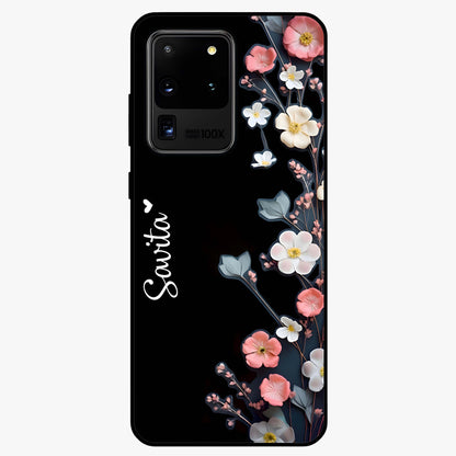 Black Elegance Floral Custom Name Glass Case showing flat back view with elegant floral artwork and personalized name design.