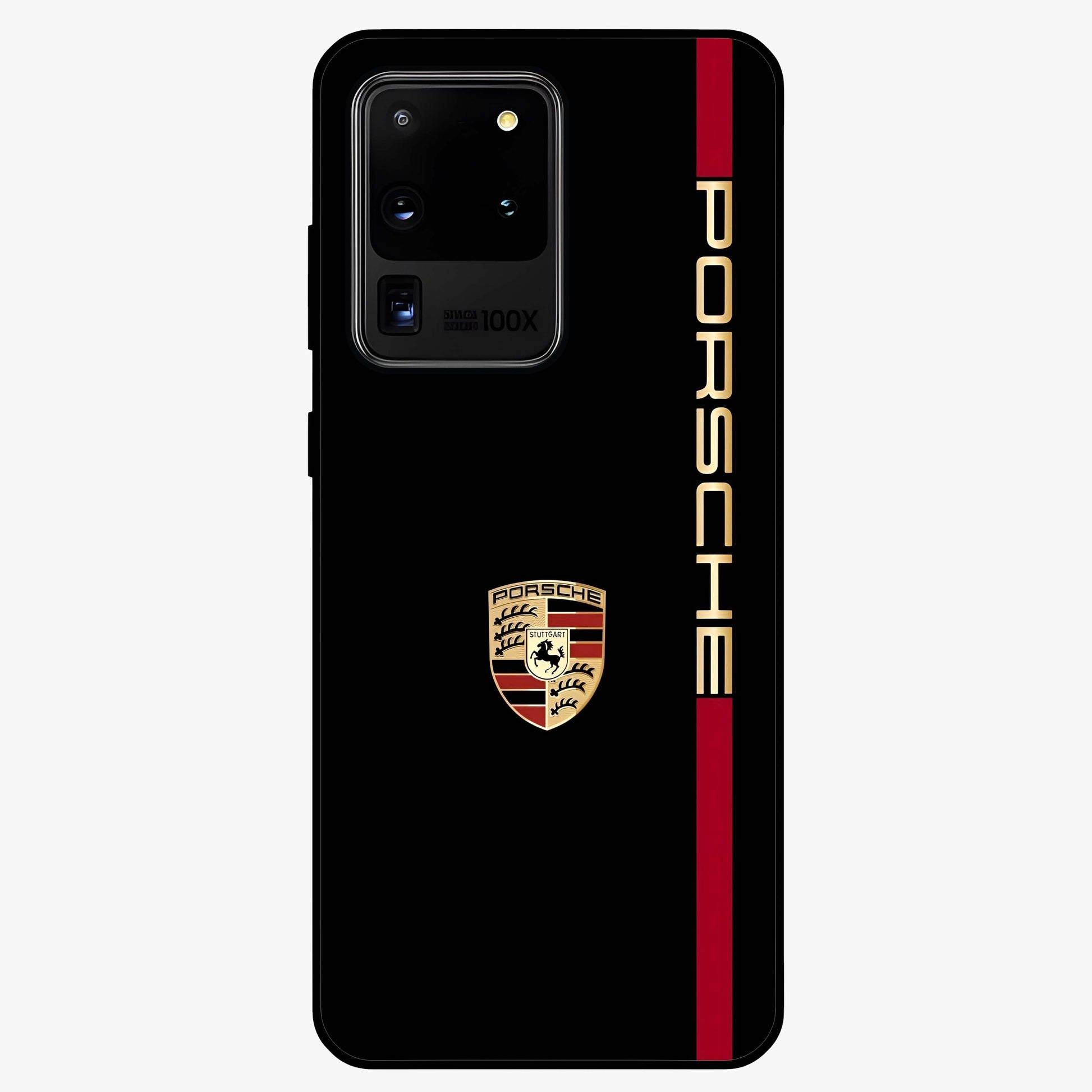 Black Minimal Porsche Glass Case showing flat back view with sleek minimal sports car artwork and glossy glass finish.