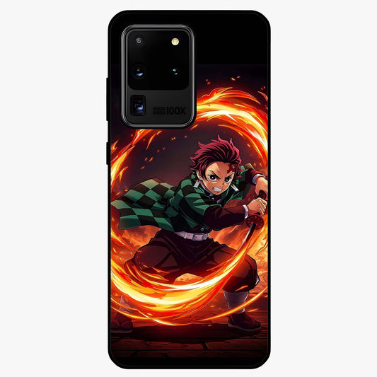 Blazing Sword Resolve Glass Case showing flat back view with fiery sword artwork and glossy glass finish.