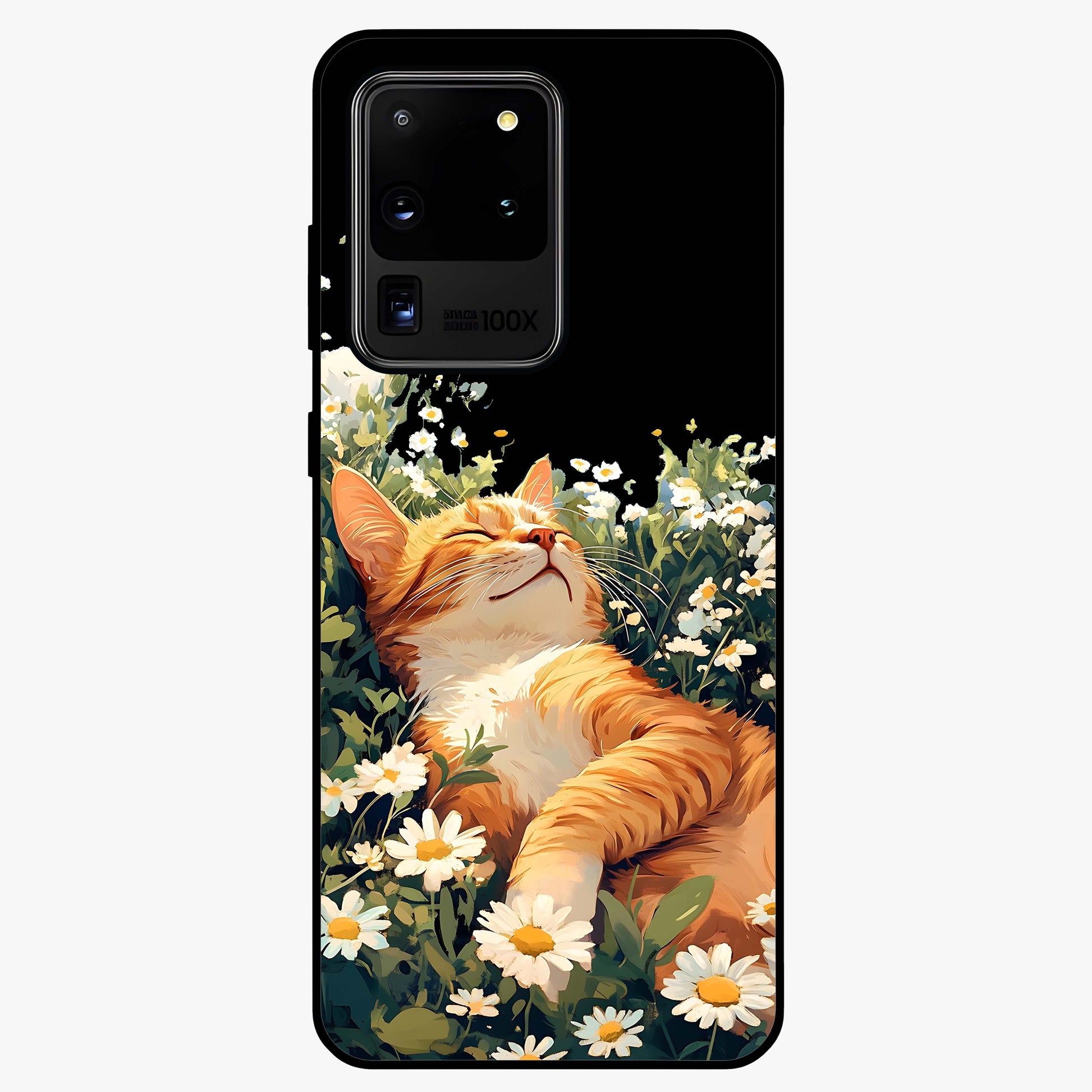 Blissful Bloom Cat Glass Case showing flat back view with cute cat and floral bloom artwork and glossy glass finish.