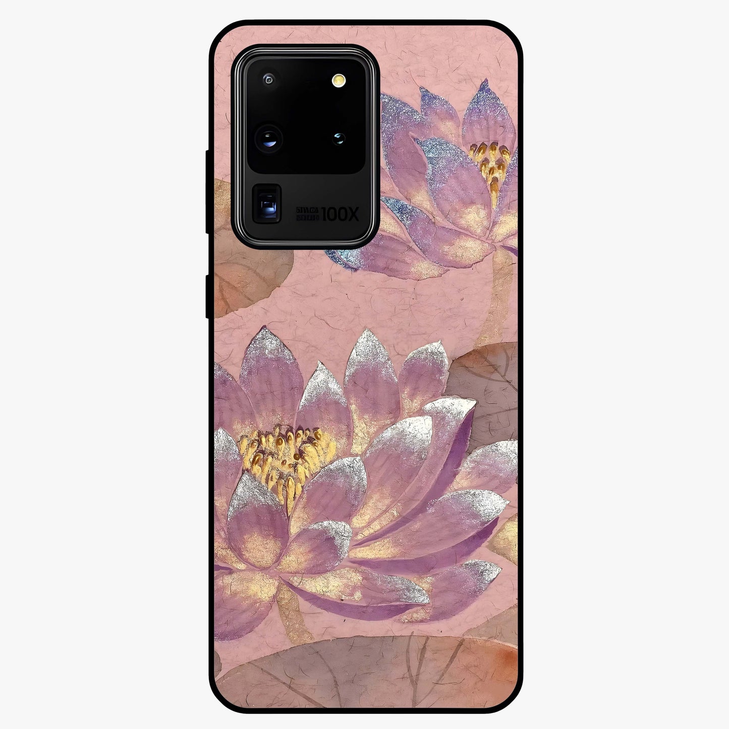 Blossom Mist Lotus Glass Case showing flat back view with serene lotus blossom artwork and glossy glass finish.