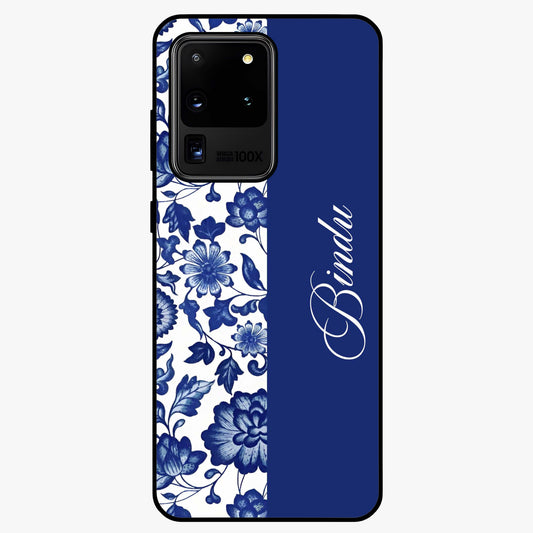 Blue Vintage Floral Pattern Glass Case upright view showcasing timeless floral illustration with vintage inspired style.