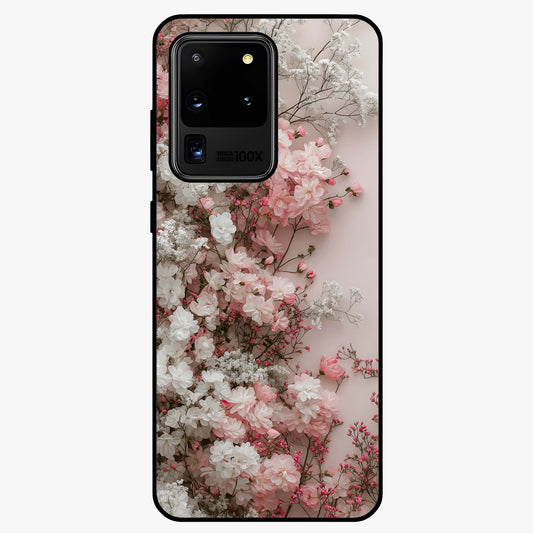 Blush Blossom Cloud Glass Case showing flat back view with dreamy blush cloud blossom artwork and glossy glass finish.