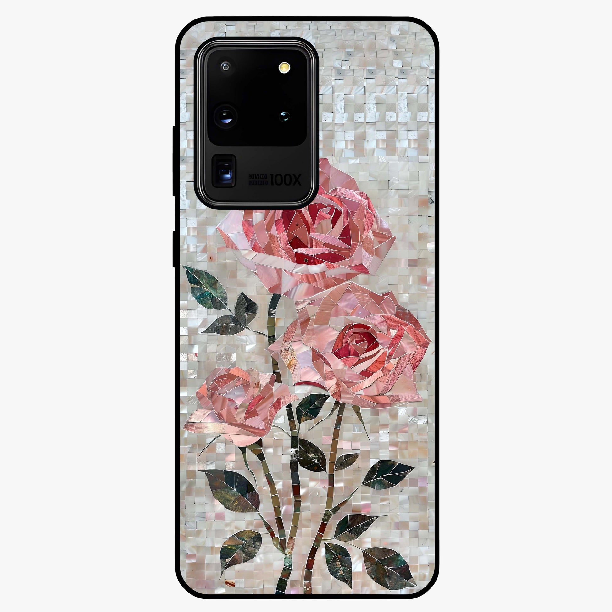 Blush Mosaic Bloom Glass Case showing flat back view with mosaic floral bloom artwork and glossy glass finish.