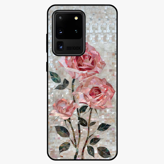 Blush Mosaic Bloom Glass Case showing flat back view with mosaic floral bloom artwork and glossy glass finish.