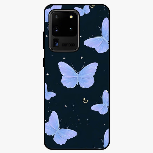 Butterfly With Stars Pattern Glass Case showing flat back view with butterfly and star pattern artwork and glossy glass finish.