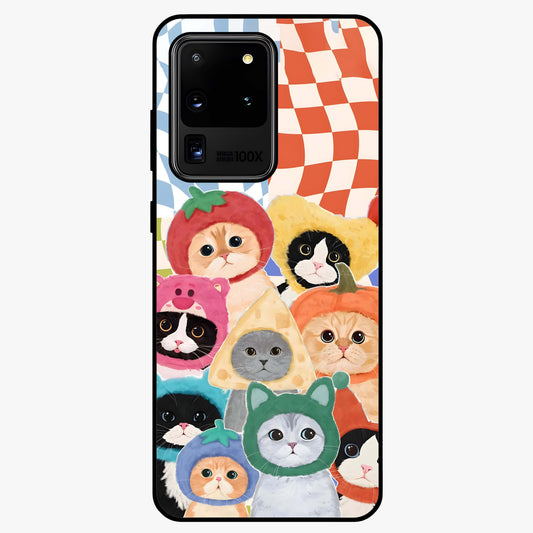 Cats in Fruits Glass Case showing flat back view with playful cat illustrations inside fruit artwork and glossy glass finish.