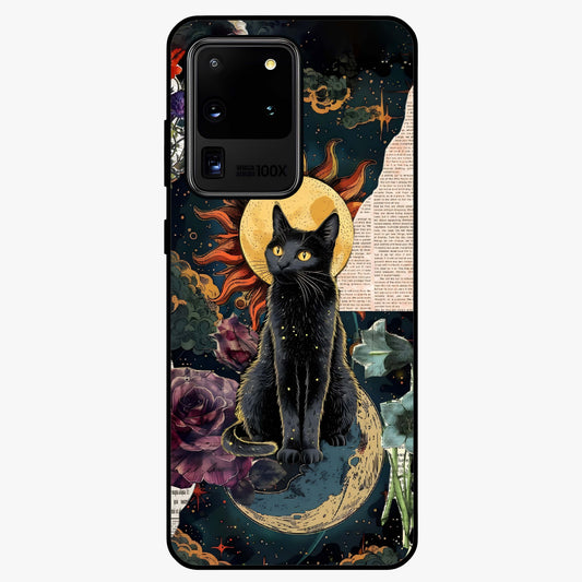Celestial Black Cat Glass Case showing flat back view with mystical black cat artwork and glossy glass finish.