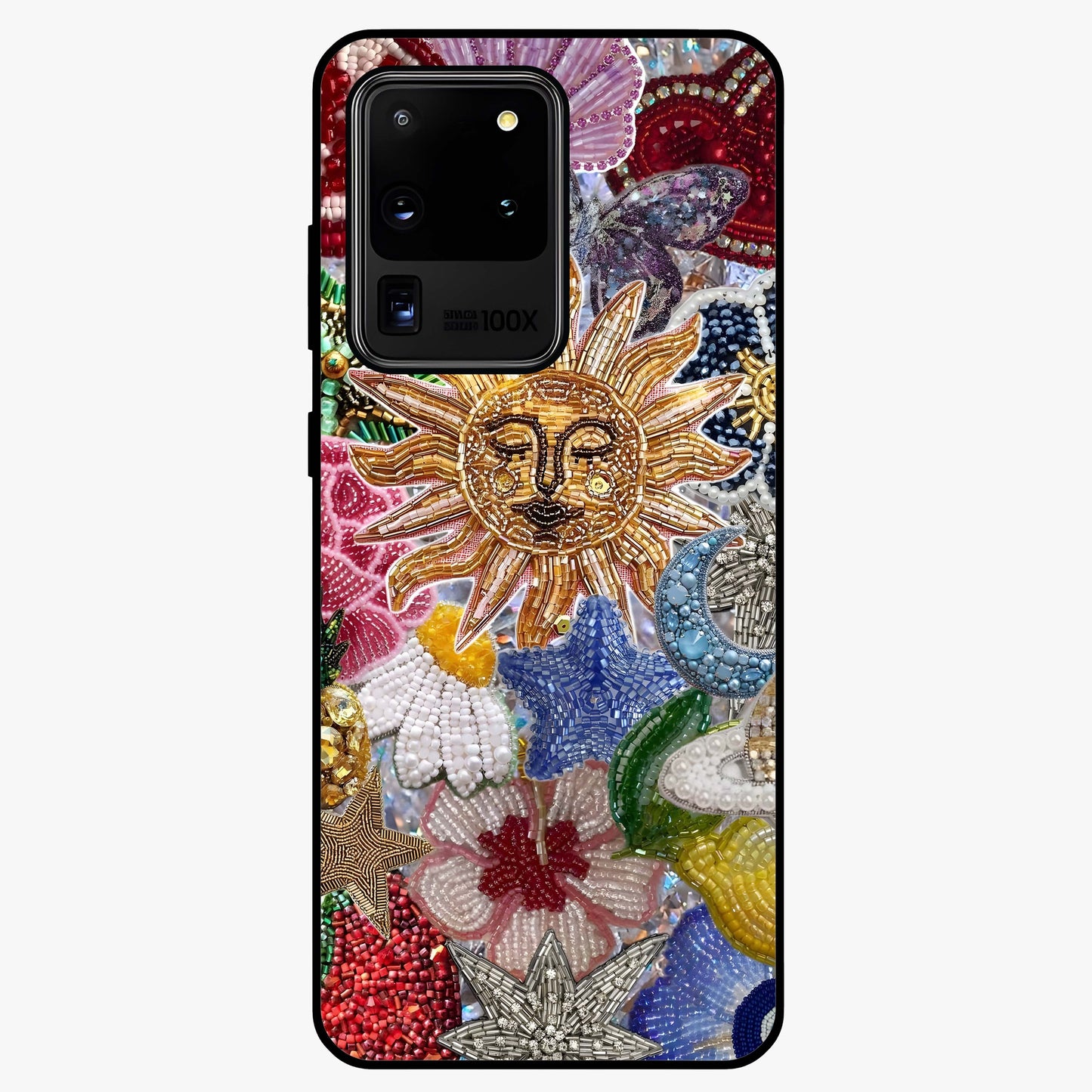 Celestial Floral and Playful Glass Case showing flat back view with floral and celestial themed artwork and glossy glass finish.