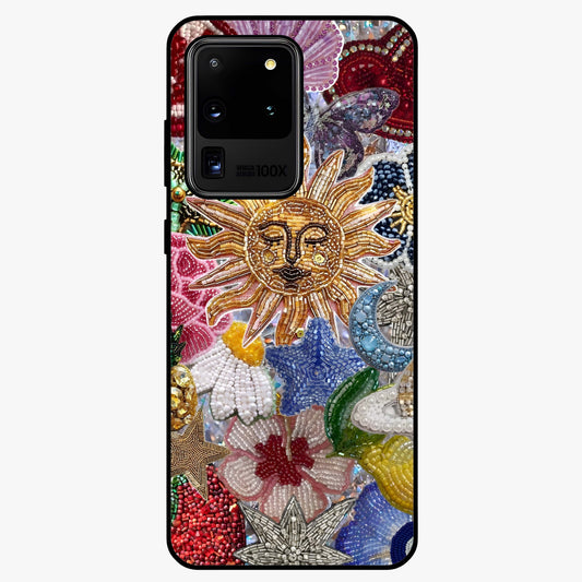 Celestial Floral and Playful Glass Case showing flat back view with floral and celestial themed artwork and glossy glass finish.