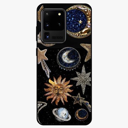 Celestial Gem Constellations Glass Case showing flat back view with sparkling constellation artwork and glossy glass finish.