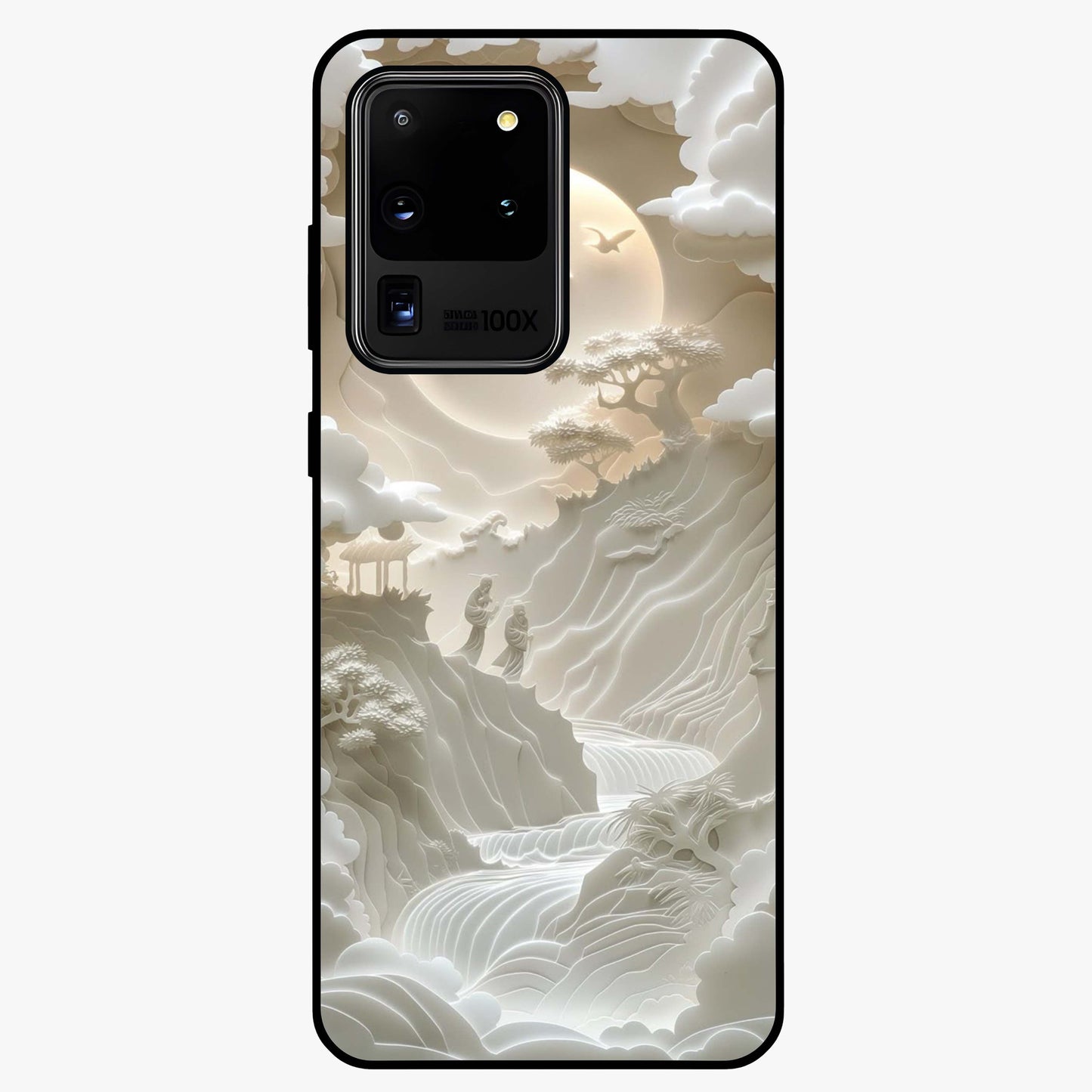 Celestial Origami Glass Case showing flat back view with artistic origami inspired celestial artwork and glossy glass finish.