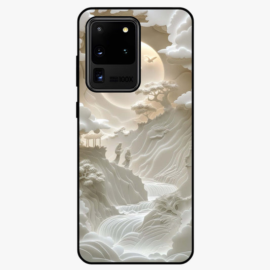 Celestial Origami Glass Case showing flat back view with artistic origami inspired celestial artwork and glossy glass finish.