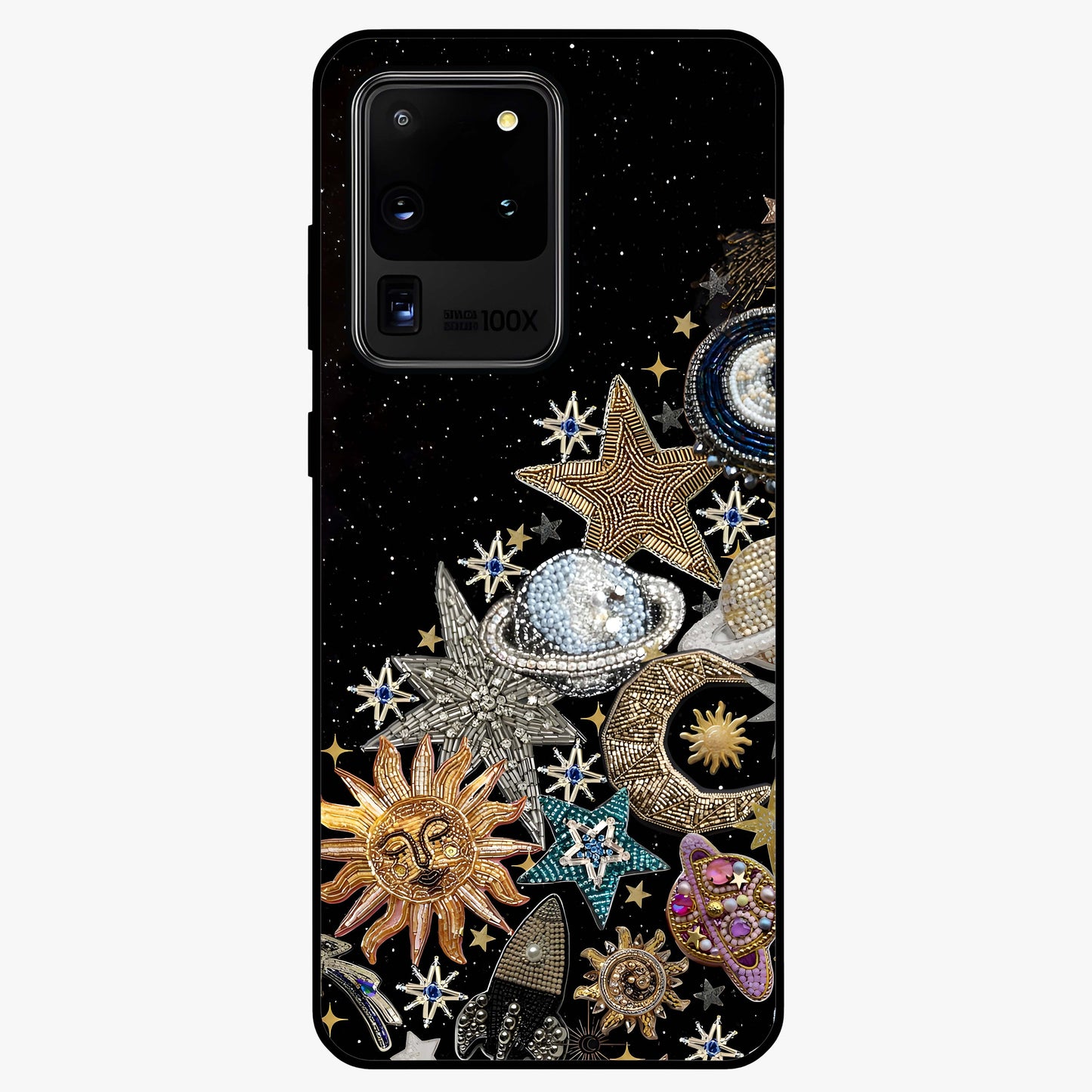 Cosmic Sparkle Dreams Glass Case showing flat back view with sparkling cosmic artwork and glossy glass finish.