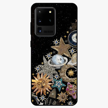 Cosmic Sparkle Dreams Glass Case showing flat back view with sparkling cosmic artwork and glossy glass finish.