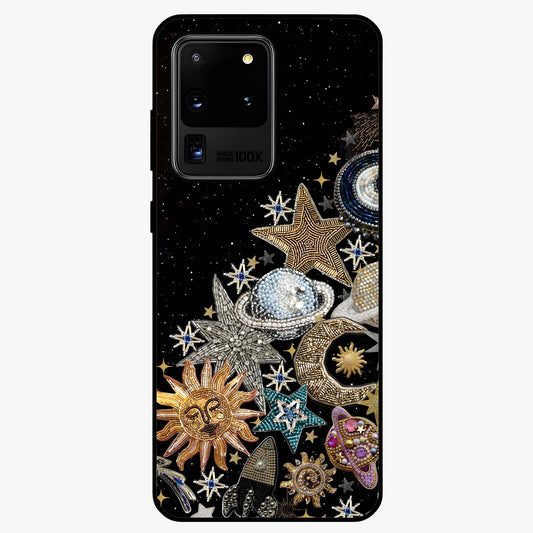 Cosmic Sparkle Dreams Glass Case showing flat back view with sparkling cosmic artwork and glossy glass finish.