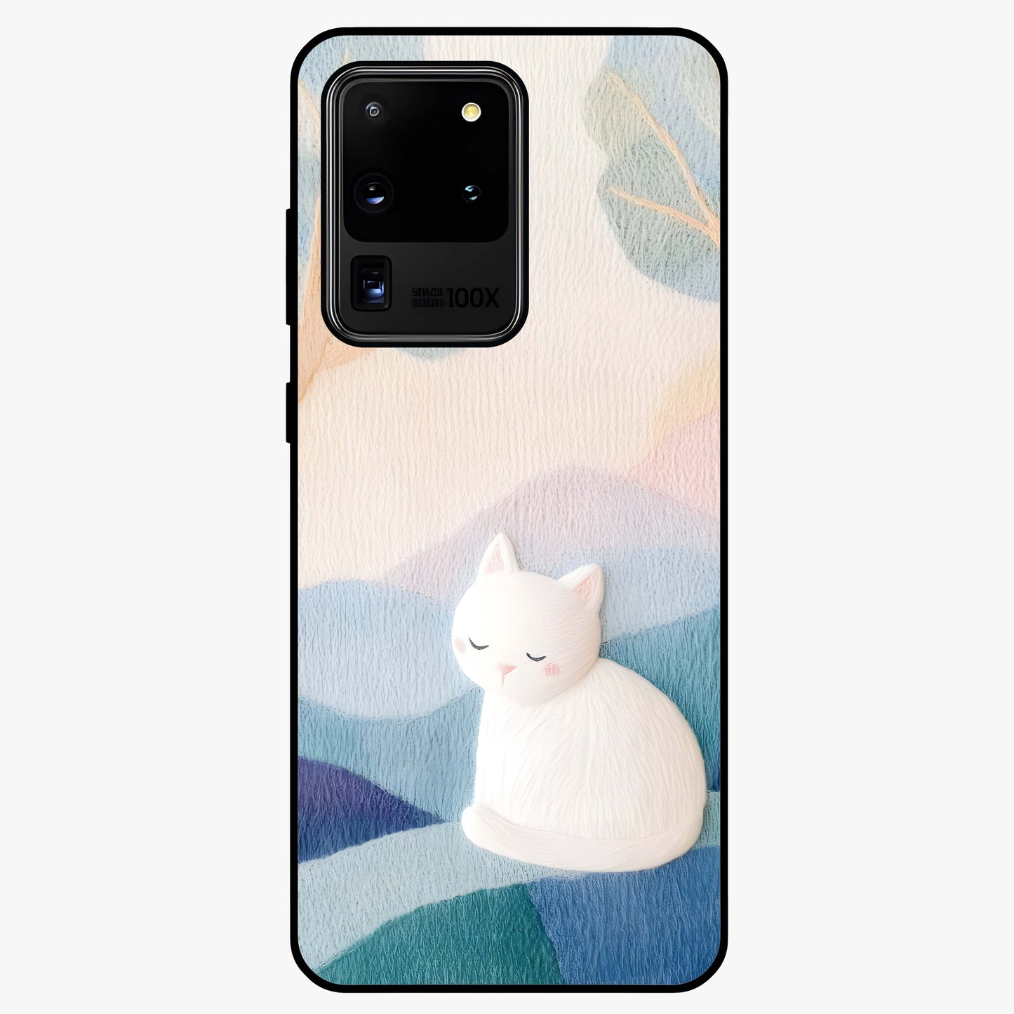 Cotton Dream Cat Glass Case showing flat back view with soft dreamy cat artwork and glossy glass finish.