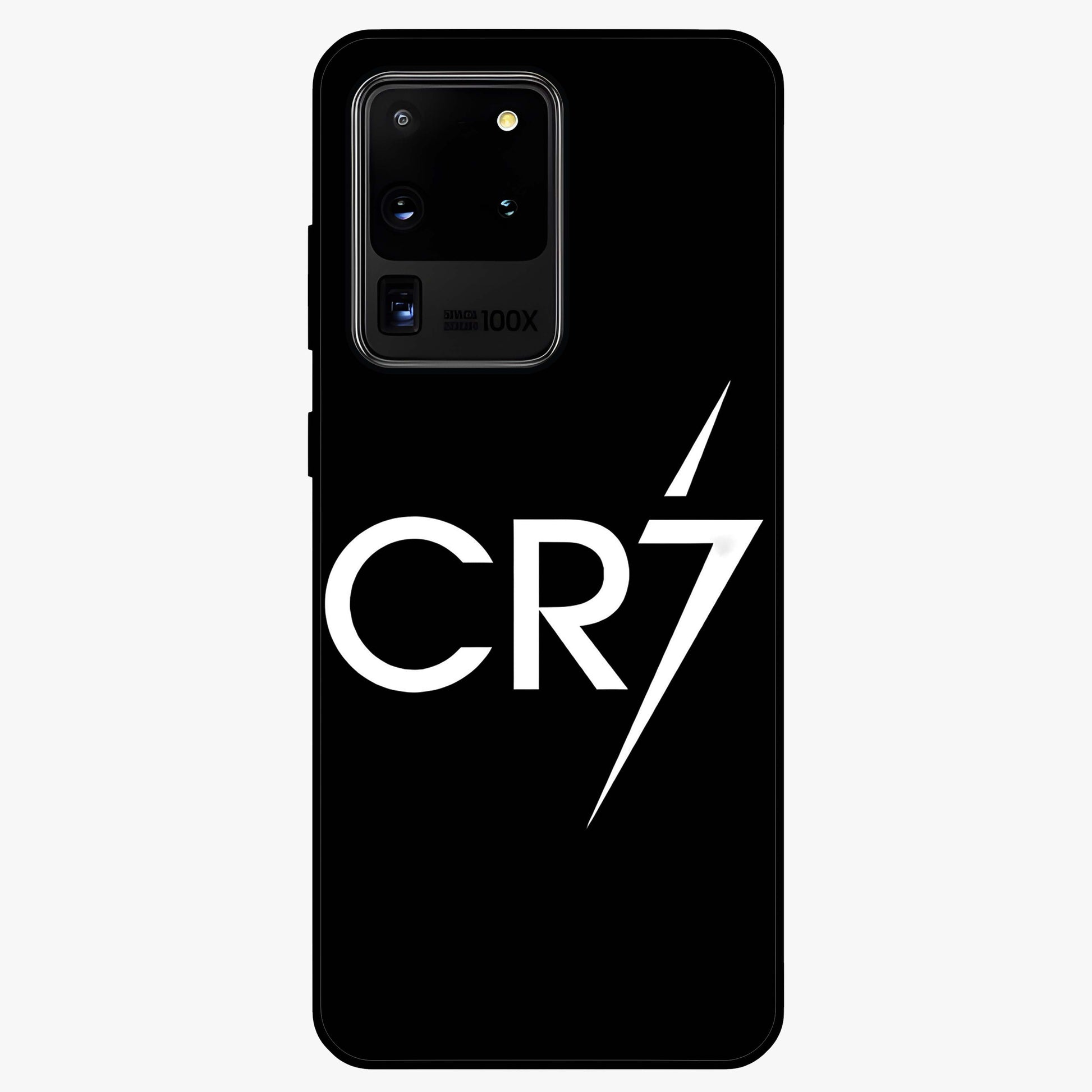 Cr7 Elite Strike Glass Case showing flat back view with dynamic football inspired artwork and glossy glass finish.