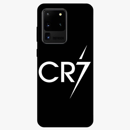 Cr7 Elite Strike Glass Case showing flat back view with dynamic football inspired artwork and glossy glass finish.