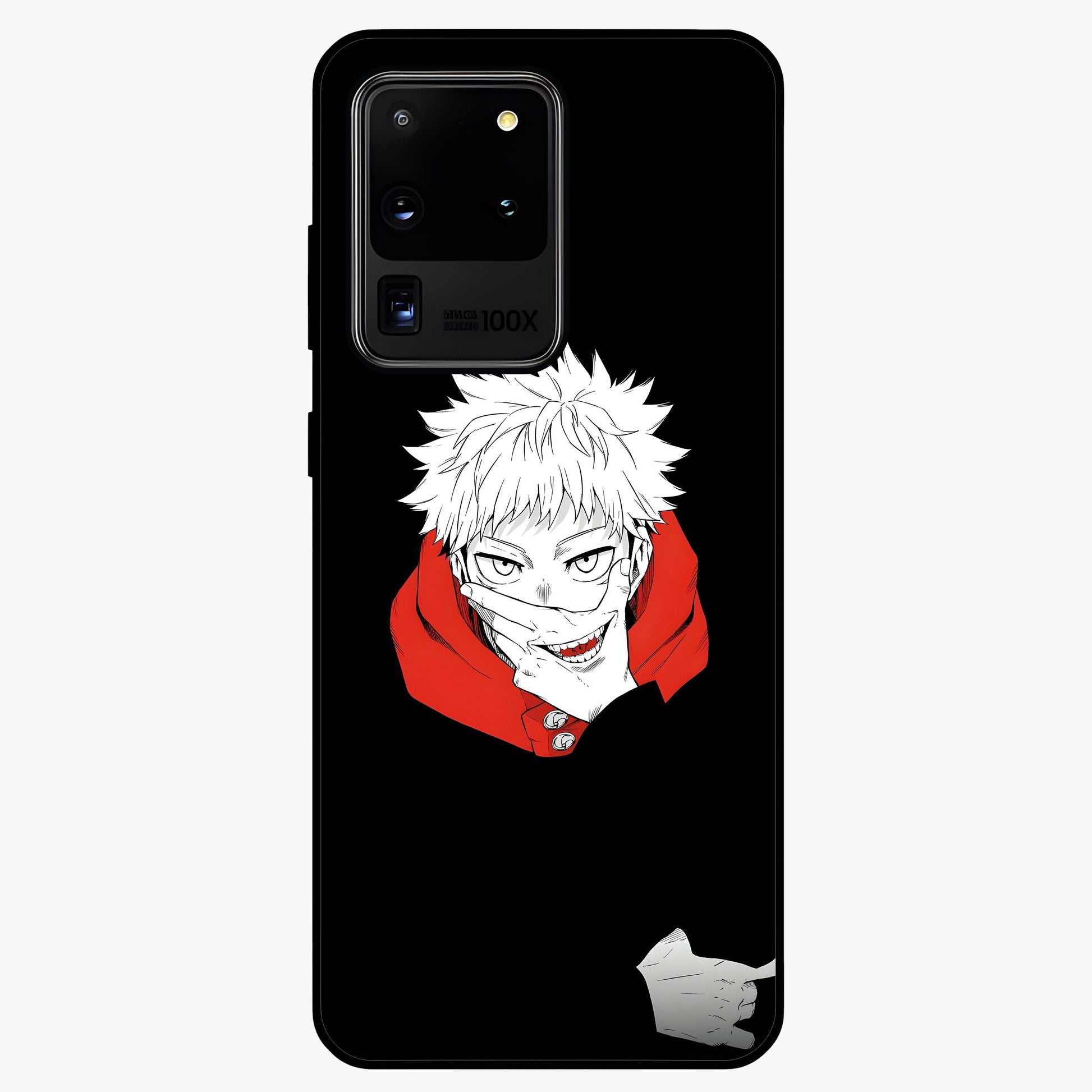 Crimson Chaos Smile Glass Case showing flat back view with bold chaotic smile artwork and glossy glass finish.