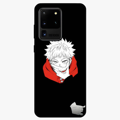Crimson Chaos Smile Glass Case showing flat back view with bold chaotic smile artwork and glossy glass finish.