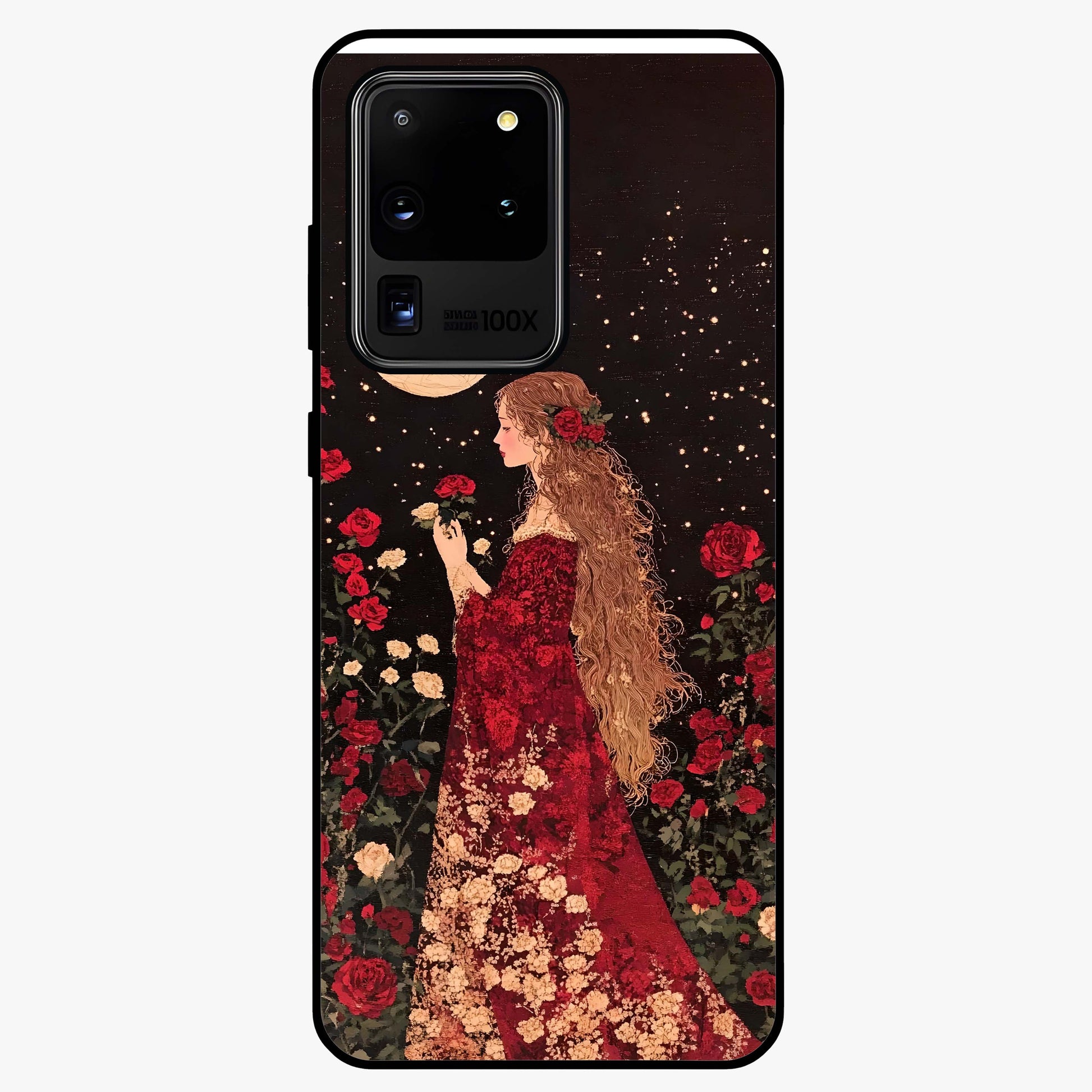 Crimson Dreams Glass Case showing flat back view with dreamy crimson artwork and glossy glass finish.