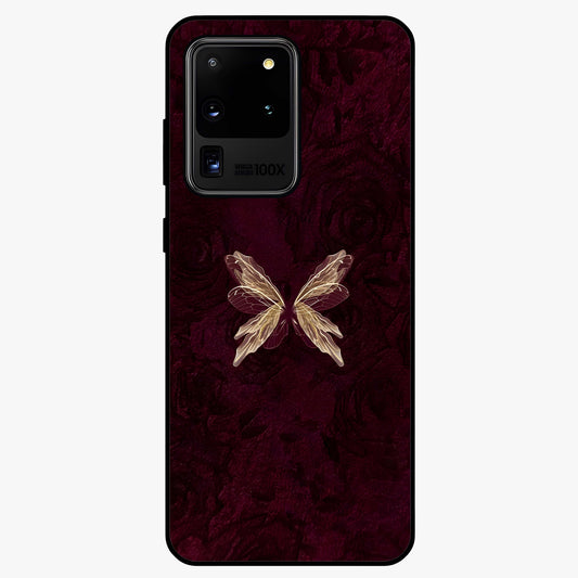 Crimson Fade Butterfly Glass Case showing flat back view with fading butterfly artwork and glossy glass finish.