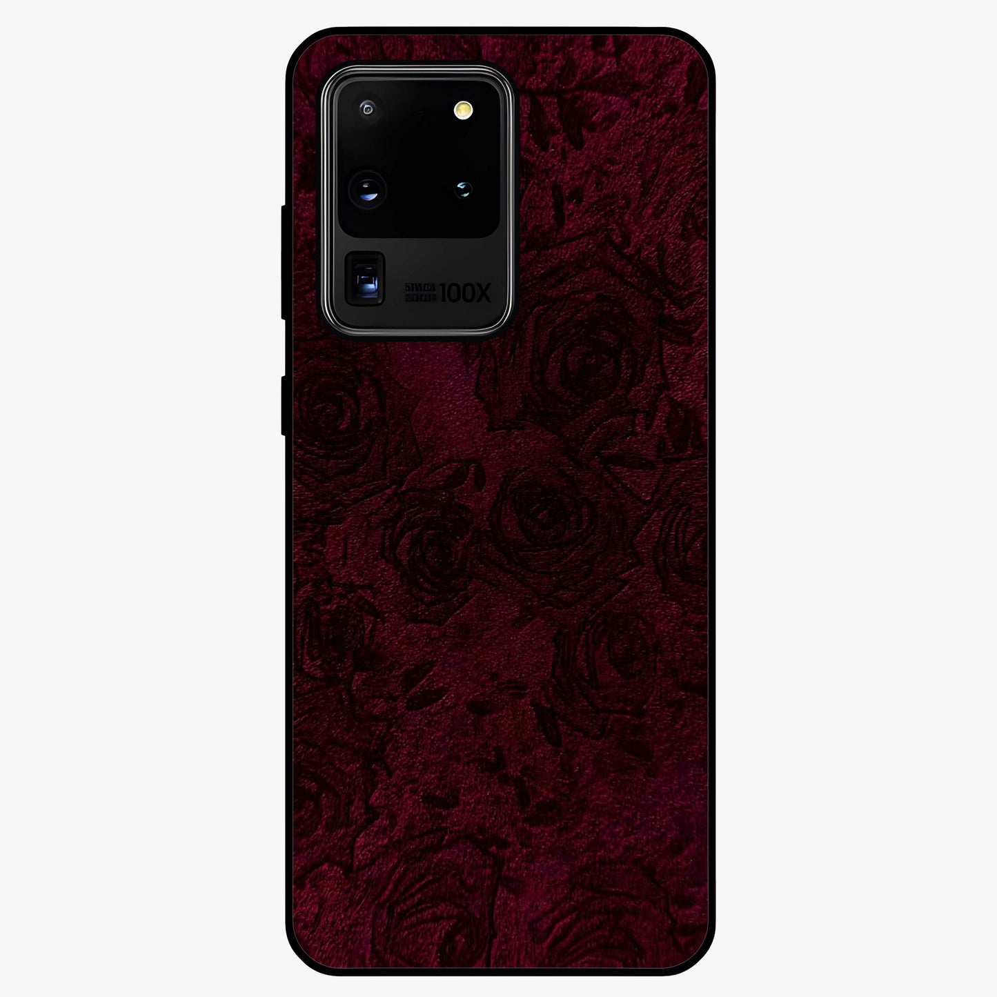 Crimson Fade Flow Glass Case showing flat back view with flowing crimson gradient artwork and glossy glass finish.