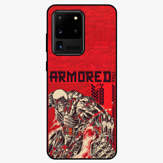 Crimson Mecha Titan Glass Case showing flat back view with powerful mech titan artwork and glossy glass finish.