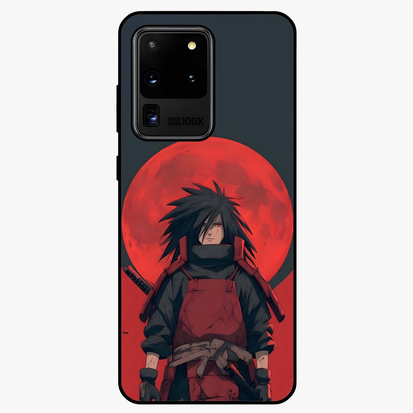 Crimson Moon Warlord Glass Case showing flat back view with mystical moon warrior artwork and glossy glass finish.