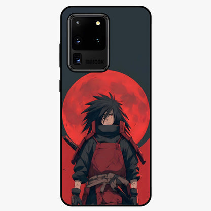 Crimson Moon Warlord Glass Case showing flat back view with mystical moon warrior artwork and glossy glass finish.