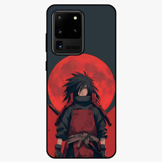 Crimson Moon Warlord Glass Case showing flat back view with mystical moon warrior artwork and glossy glass finish.