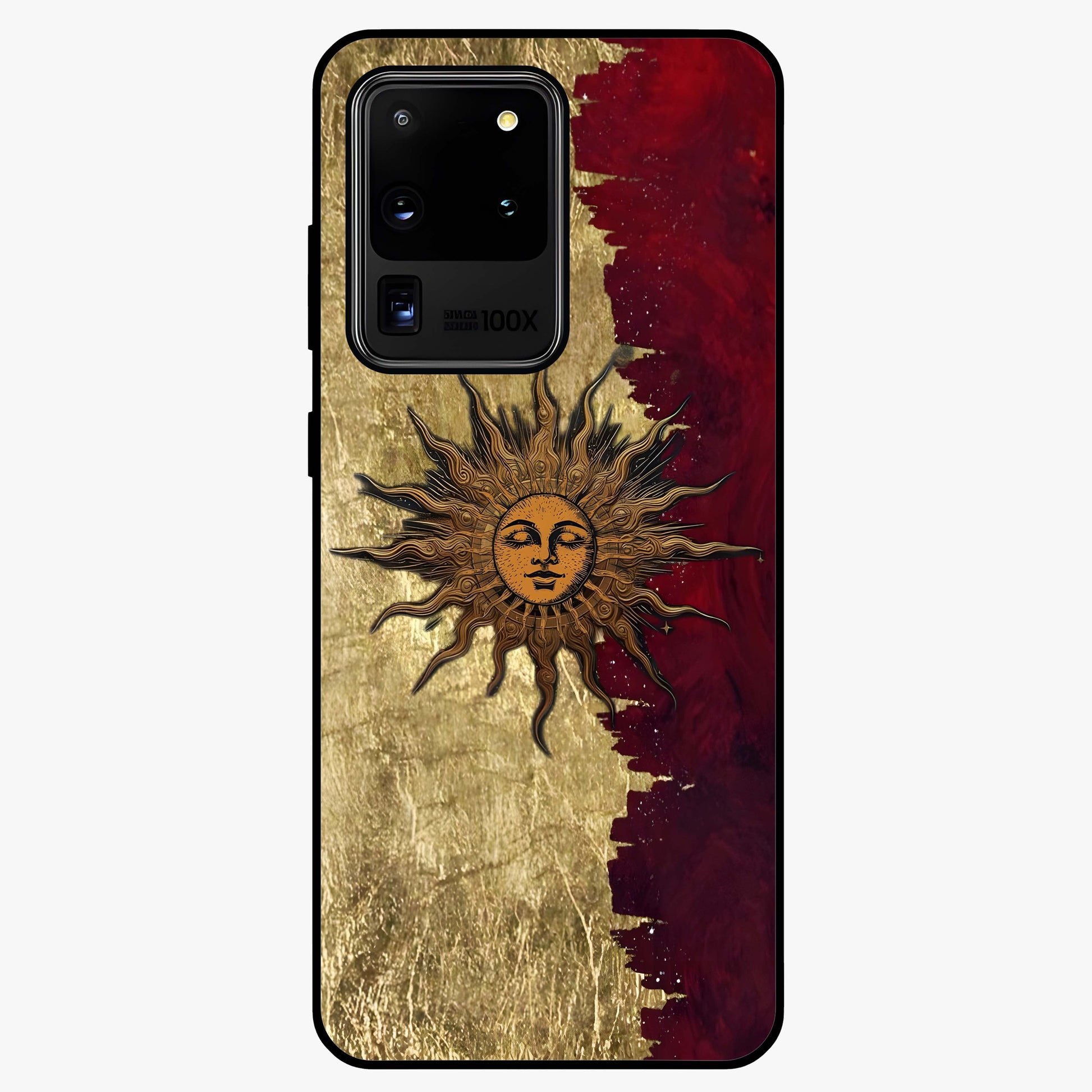 Crimson Sun Majesty Glass Case showing flat back view with radiant sun inspired artwork and glossy glass finish.