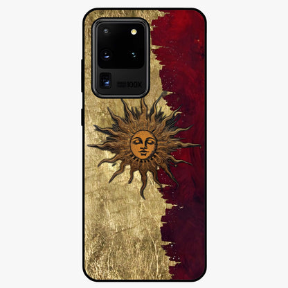 Crimson Sun Majesty Glass Case showing flat back view with radiant sun inspired artwork and glossy glass finish.