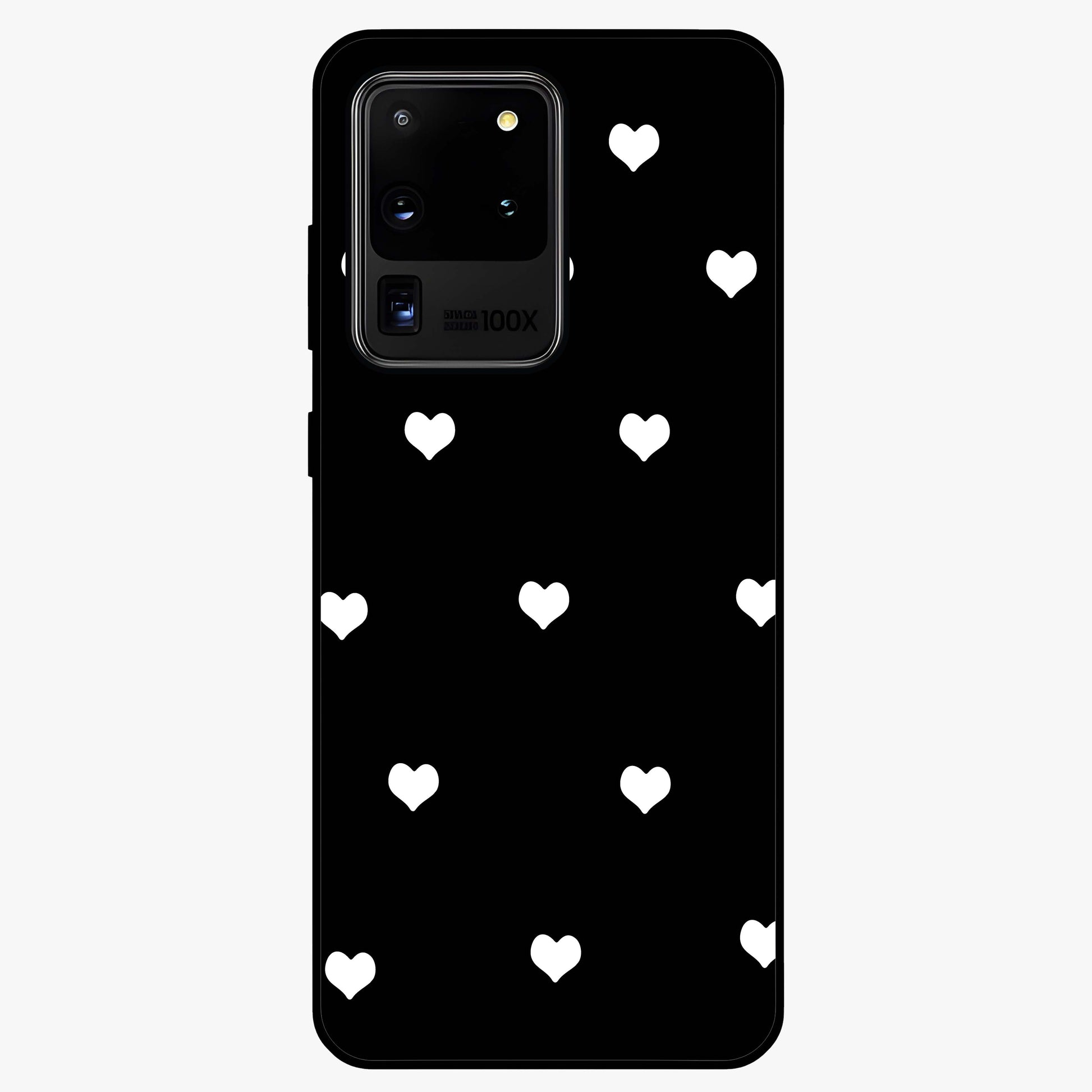 Cute And Simple White Hearts Glass Case showing flat back view with minimal white heart pattern and glossy glass finish.