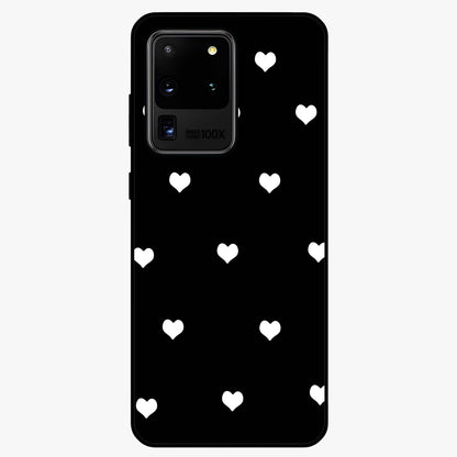 Cute And Simple White Hearts Glass Case showing flat back view with minimal white heart pattern and glossy glass finish.