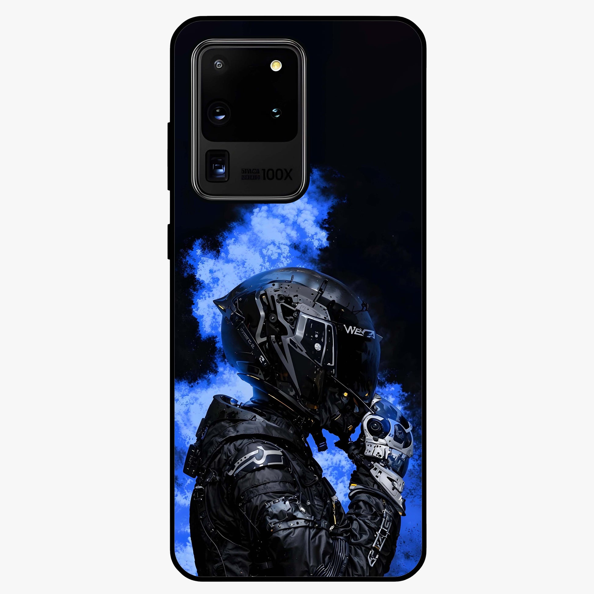Cyber Sentinel Protocol Glass Case showing flat back view with futuristic cyber themed artwork and glossy glass finish.