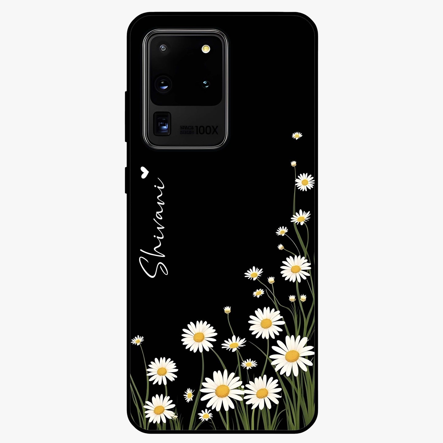 Daisy Cascade Custom Name Glass Case showing flat back view with cascading daisy flowers and personalized name design.