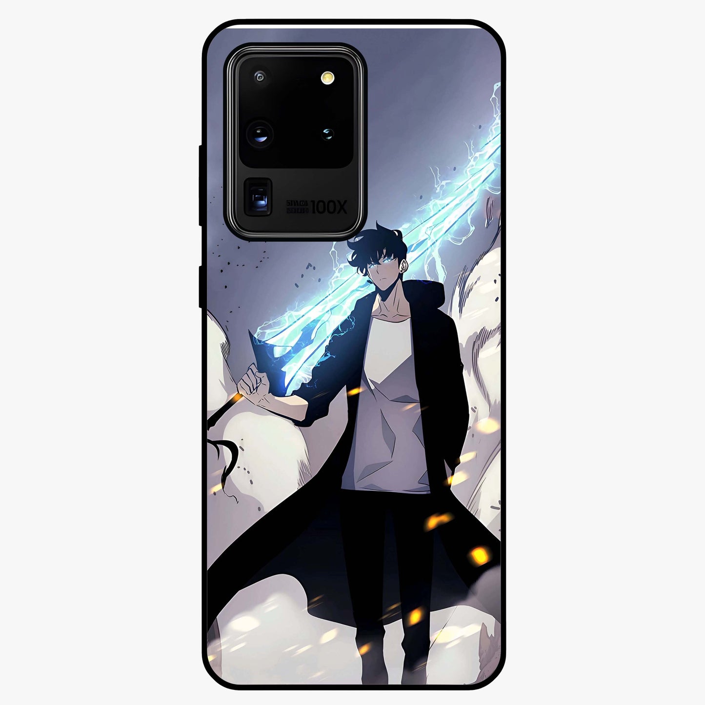 Dark Lightning Anime Warrior Glass Case showing flat back view with intense anime warrior artwork and glossy glass finish.