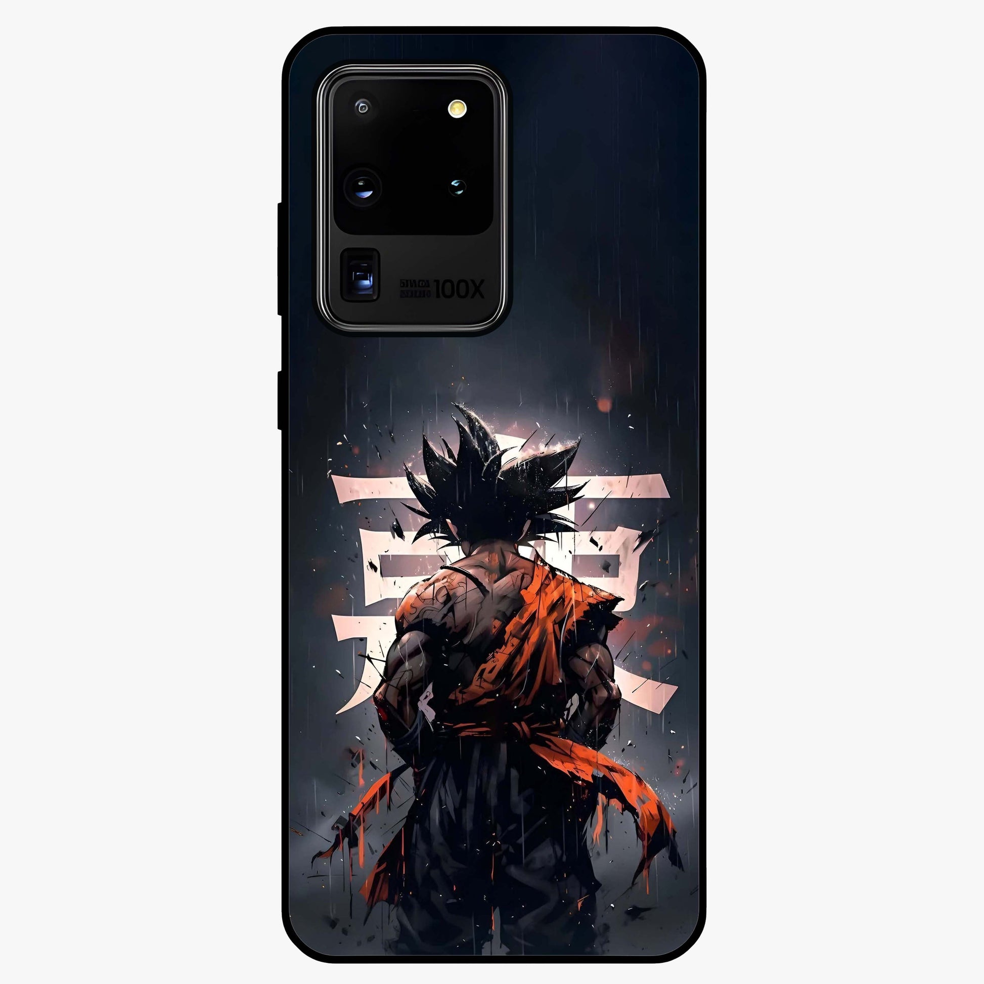 Dark Warrior In Rain Glass Case showing flat back view with warrior artwork in rainy atmosphere and glossy glass finish.