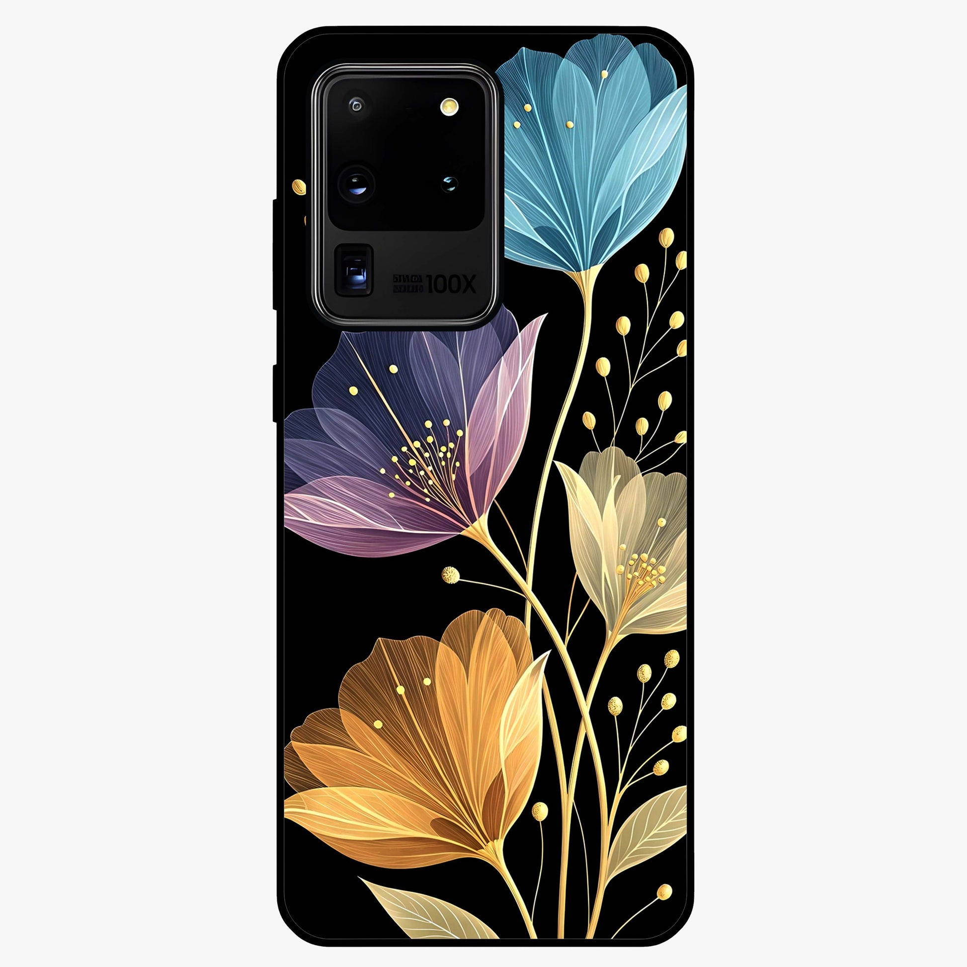 Delicate Multicolor Flowers Glass Case showing flat back view with vibrant floral artwork and glossy glass finish.
