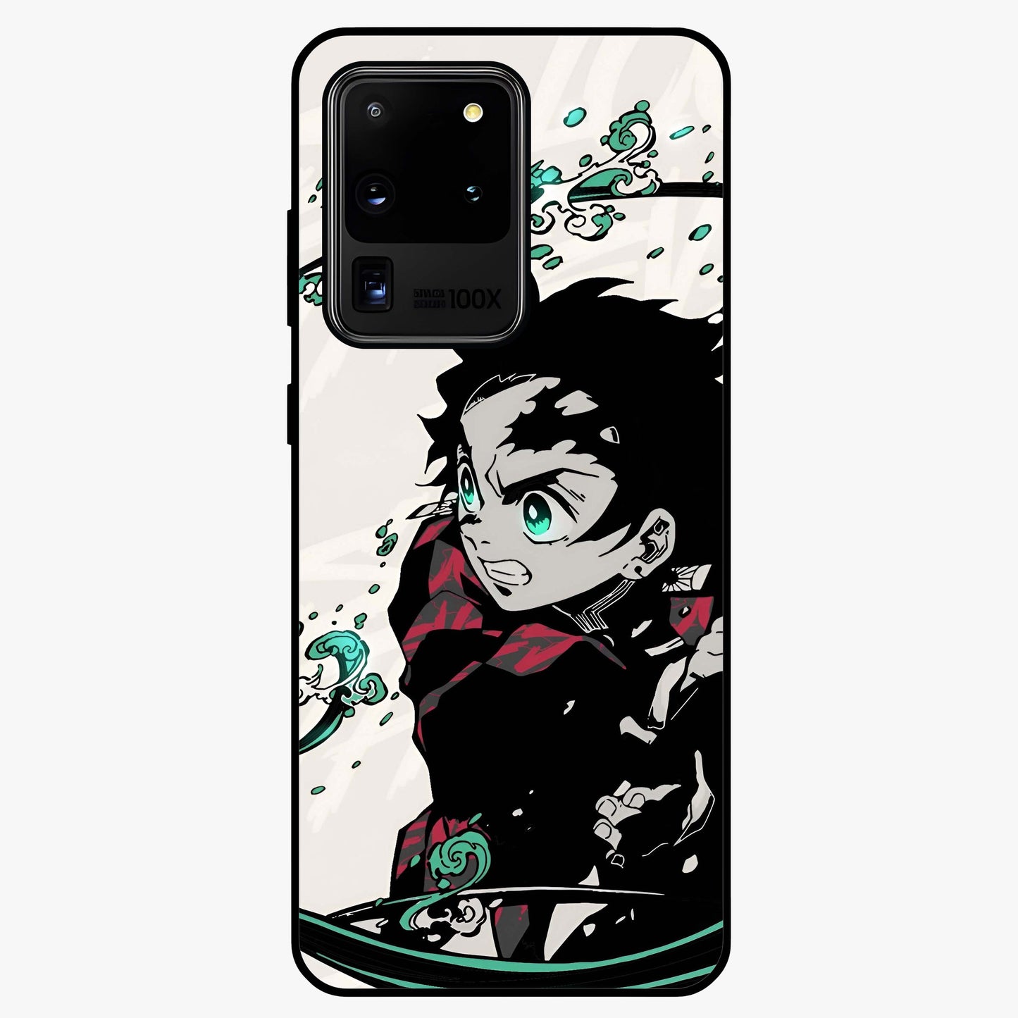 Demon Slayer Glass Case showing flat back view with bold anime inspired artwork and glossy glass finish.