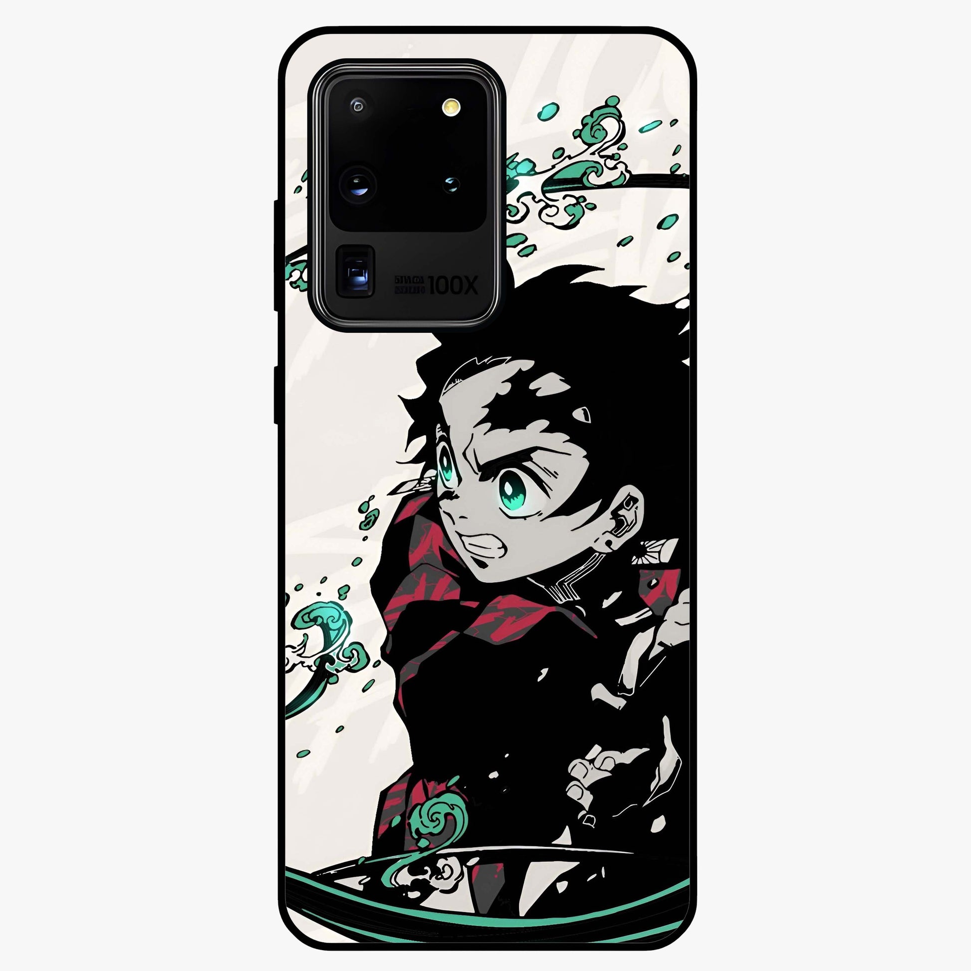 Demon Slayer Glass Case showing flat back view with bold anime inspired artwork and glossy glass finish.