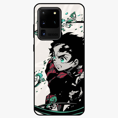 Demon Slayer Glass Case showing flat back view with bold anime inspired artwork and glossy glass finish.