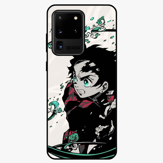 Demon Slayer Glass Case showing flat back view with bold anime inspired artwork and glossy glass finish.