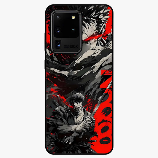 Demon Sword Resolve Glass Case showing flat back view with fierce sword warrior artwork and glossy glass finish.