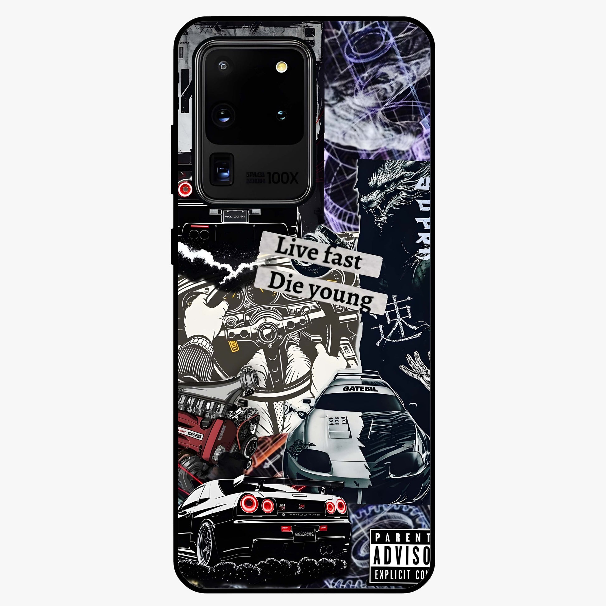Die Young Glass Case showing flat back view with bold artistic typography design and glossy glass finish.
